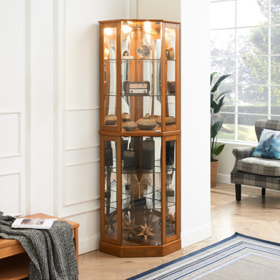 72"H Oak Cabinet With Lights, Mirrors, Adjustable Shelf Storage 6 Curio Lights & Adjustable, Material