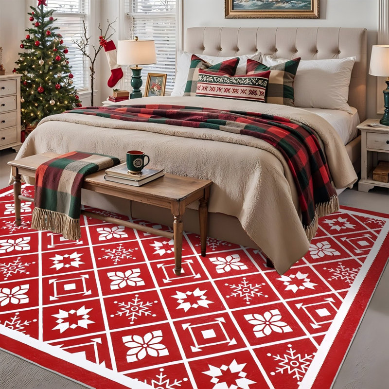 Christmas Crimson Snowflake Pattern Machine Washable Area Rug, Rectangle 8' x 10'