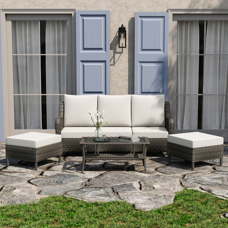 3 - Person Outdoor Seating Group With Cushions And Matching Ottomans, Gray, White