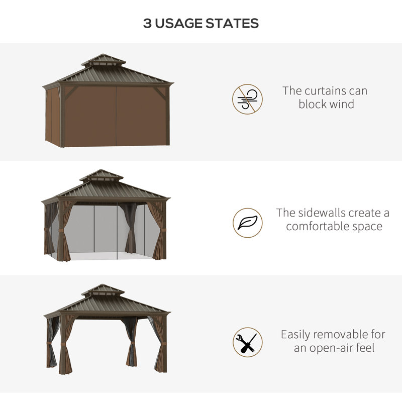 Outsunny 12' x 12' Coffee Aluminum Hardtop Patio Gazebo with Netting & Curtains