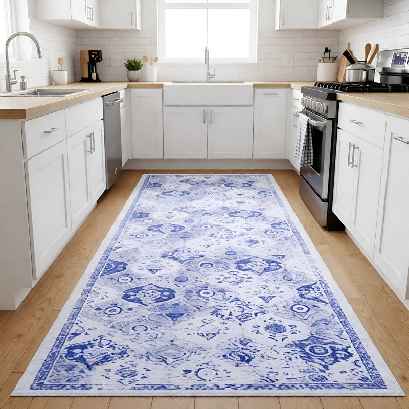 MAVAL Blue Washable Adrienna Doormat Adrienna, Runner 2'6" x 10'