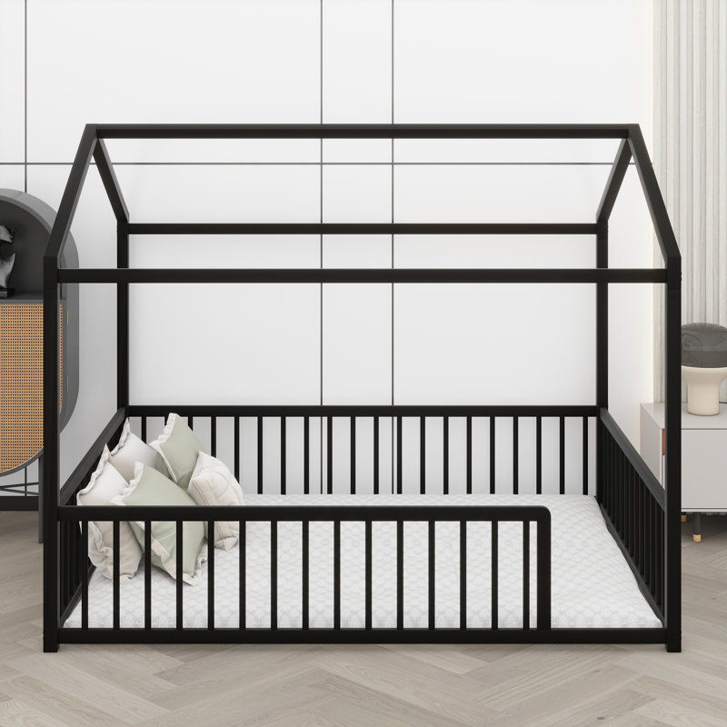Child-Friendly Montessori Floor Bed Featuring House Silhouette And Fence, Black, Full