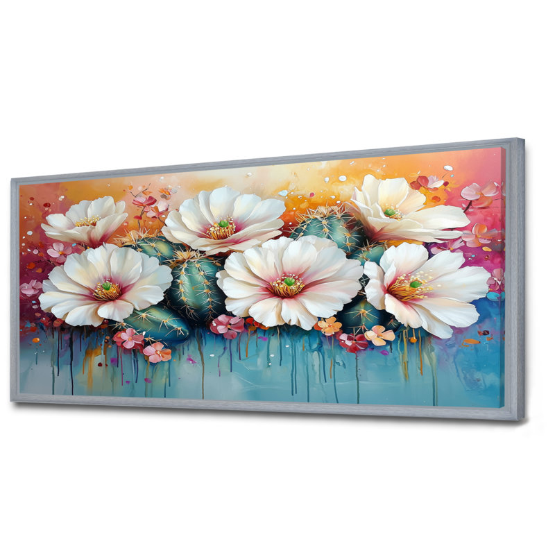 Cactus rose et blanc - Cactus, art mural, H 28 po x l 60 po, Cadre flottant, Argent argent