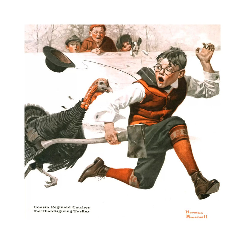 Cousin Reginald Catches the Thanksgiving Turkey by Norman Rockwell - 1 Piece Painting on Canvas, 30.48 cm H x 30.48 cm W