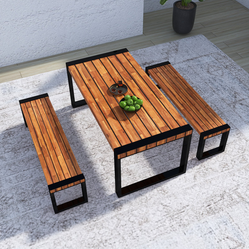 Table de salle à manger d'extérieur 3 pièces avec 2 bancs