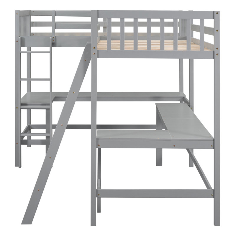Wood Twin Size L-Shaped Loft Bed with Ladder and 2 Built-in L-Shaped Desks, Grey