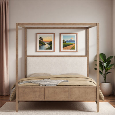 Lit plateforme à baldaquin en bois avec tête de lit tapissier