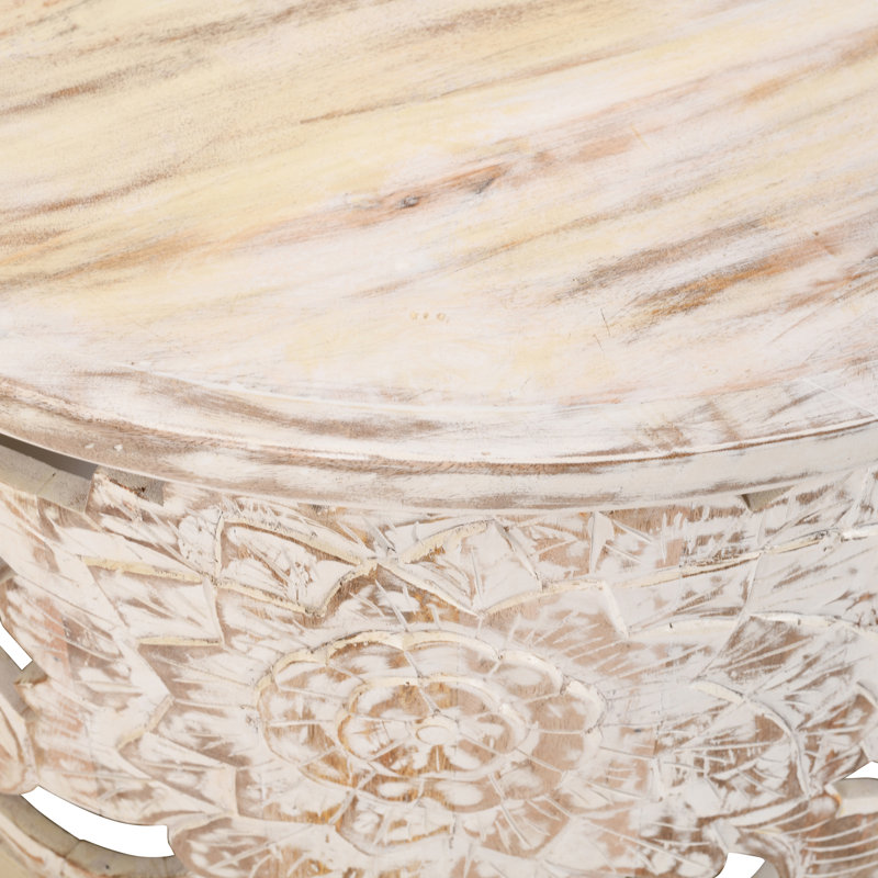 Hadlei Coffee Table Handcrafted Mango Wood Floral Carved Cut Out Design Distressed White Finish 33 Inch