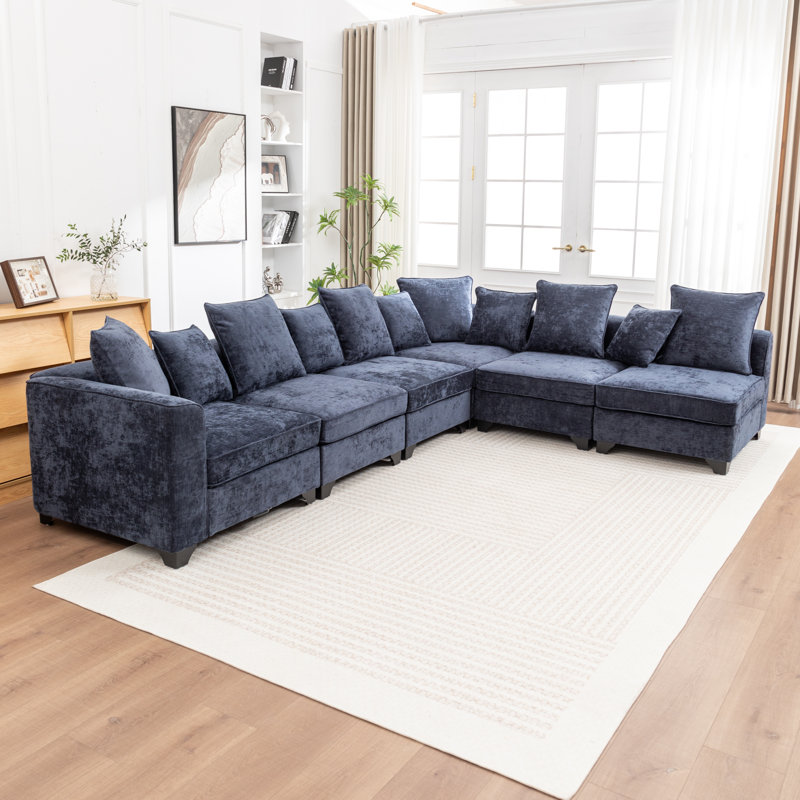 Canapé modulaire rembourré en L 6 pièces Kempson, Polyester bleu