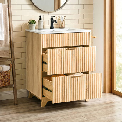 Meuble-lavabo à finition chêne 24 po avec lattes et lavabo en céramique