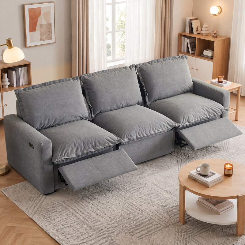 Canapé modulaire inclinable électrique 109,45 po en tissu beige avec ports USB et accoudoirs carrés, Grey