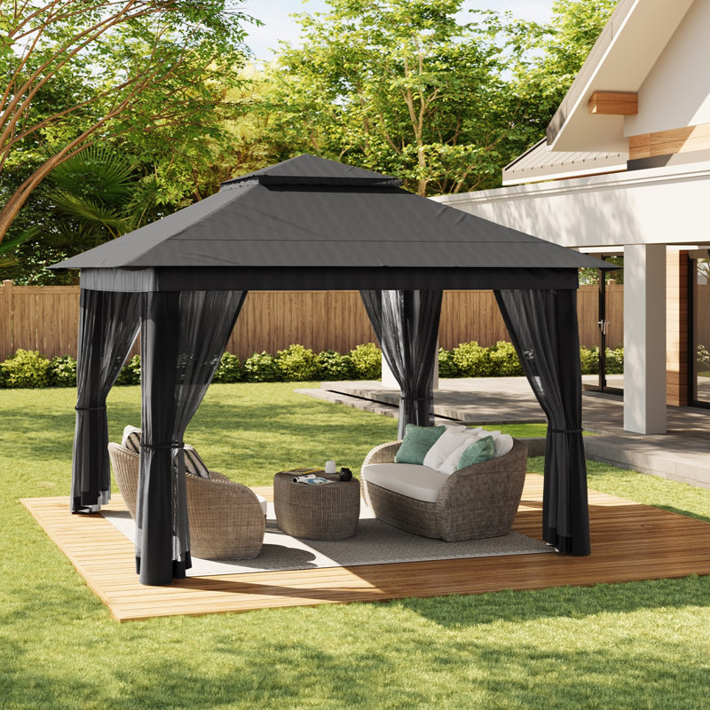 11X11 Outdoor Pop Up Canopy With Mosquito Netting Patio Tent, Gray, 132"H x 120"W