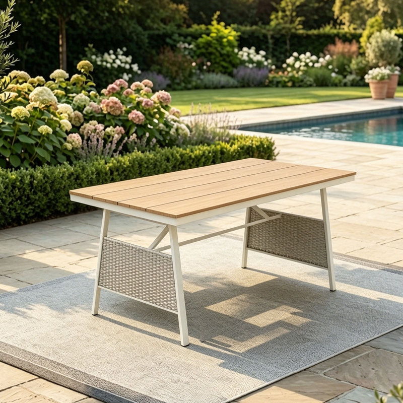 63"W Outdoor Dining Table for 4-6 People, Rectangular Patio Dining Table with Durable Aluminum Frame and Handwoven Wicker 