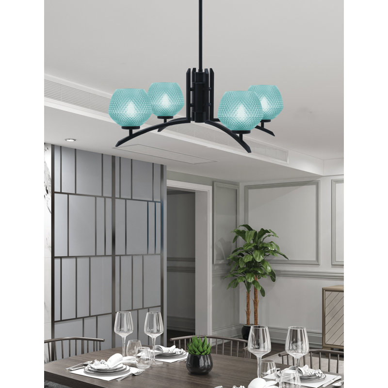 Lustre 4 lumières kurve illustré en finition noir mat avec verre texturé de 6 po, Sarcelle