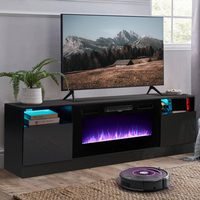 Fireplace Tv Stand With 36"" Electric Fireplace, Led Light Entertainment Center, Modern Wood Texture Entertainment Stand With Highlight Storage Cabinet -  Ivy Bronx, F24652F9755844C6817CA8B68486BF30