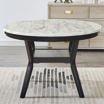 48" Faux Marble Top Dining Table, Round Shelf Unit, Dark , Seats 4, Contemporary Charm Wood Table With Shelf, Surface, Modern Look