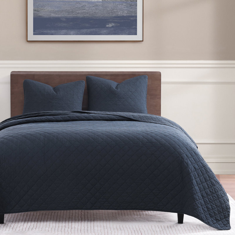 Navy Full Cotton Diamond Quilted Quilt Set