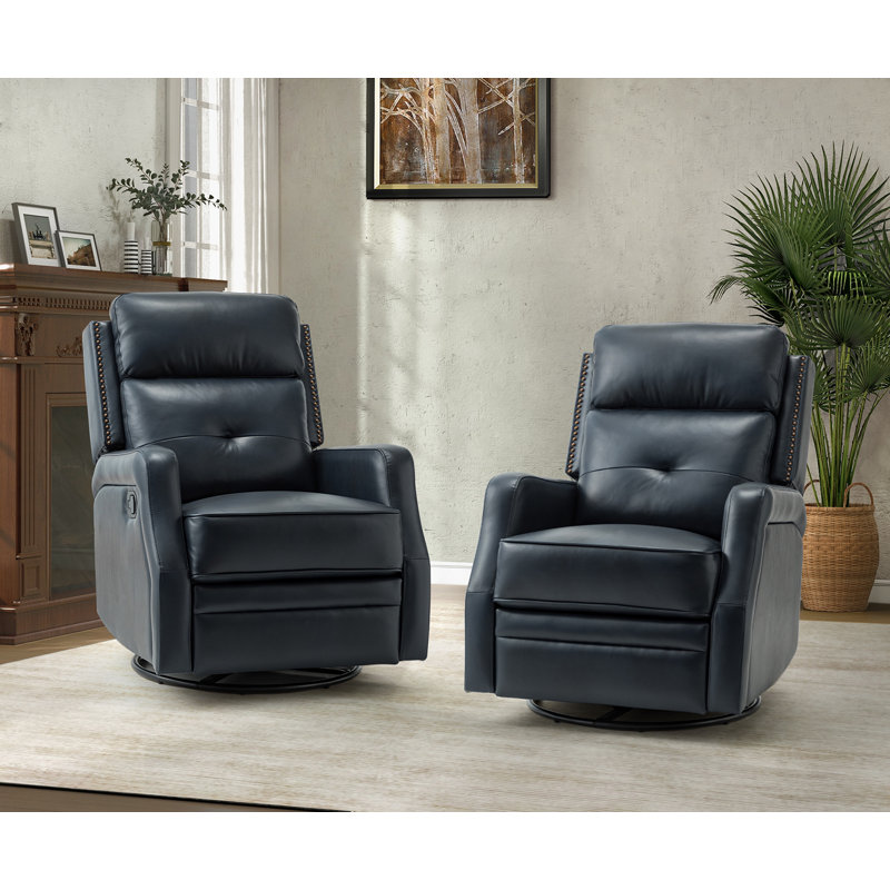 Rudisill Transitional Genuine Leather Swivel Rocker Manual Recliner(Set of 2), Navy Genuine Leather