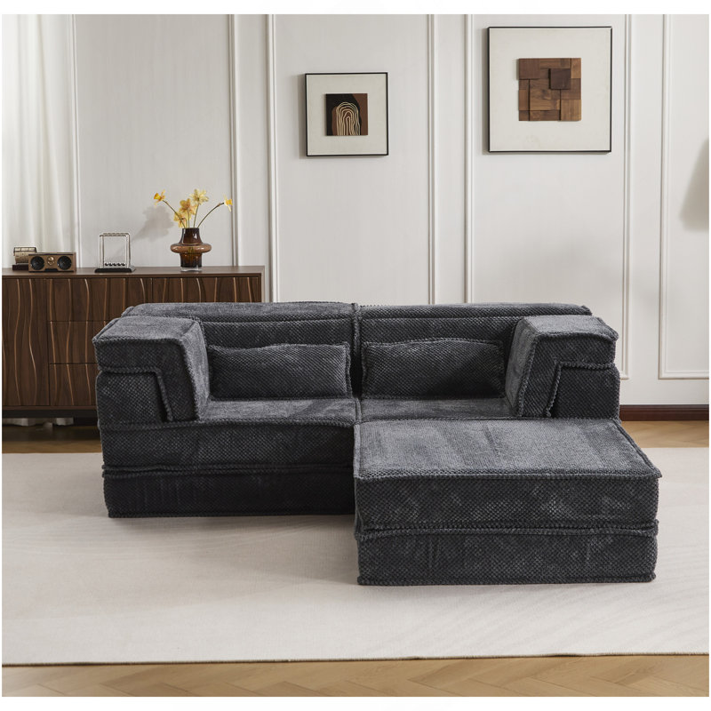 Compression Mahjong Sofa,Convertible Floor Sofa Bed,DIY Boneless Modular Sectional Sofa,No Assembly Required,Circle Fleece Fabric,Oversized 2 Seater With 1 Ottoman,Dark-Grey