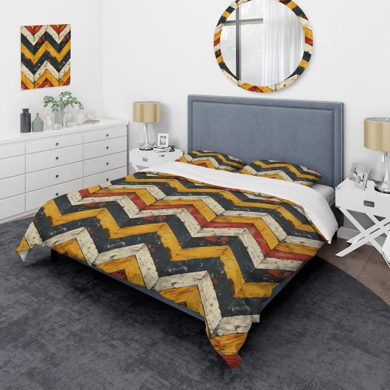 Ensemble de housse de couette à chevrons jaune et blanc, Housse de couette très grand + 2 taies décorativ