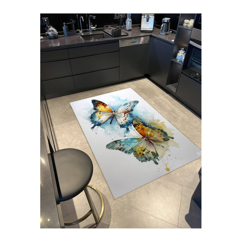 Tapis décoratif moderne lavable à la machine à motif de papillons abstraits bleu clair, Rectangle 5 pi 1 po x 7 pi 7 po
