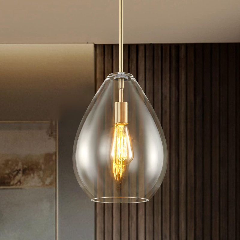 Glowlite 1-Light Single Clear Glass Teardrop Pendant, Brushed Gold