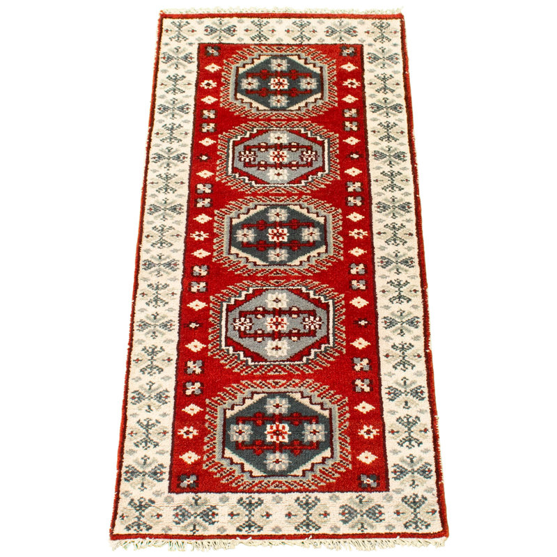 Tapis oriental en laine noué à la main rouge / beige / vert, Tapis de couloir 2 pi 4 po x 6 pi