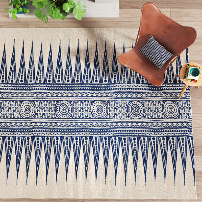 Tapis ivoire / bleu de style sud-ouest Gonzalez, Rectangle 8 pi x 10 pi