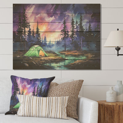 Northern Lights Camping Escape III - Camping Travel On Wood Print
