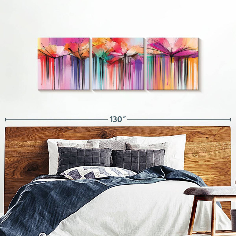 " Flowers Paint Drip " 3 Piece Art, 30" H x 92" W