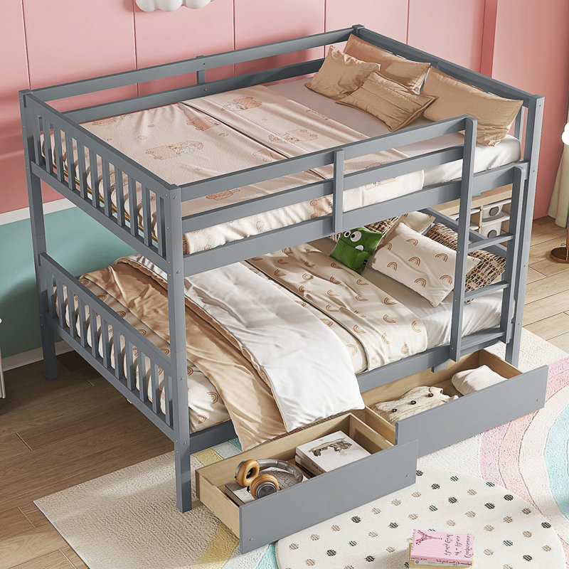 Lit superposé standard en bois massif 2 tiroirs, gris, Double sur double