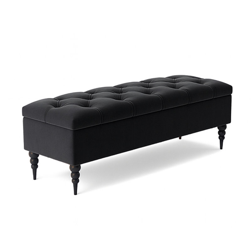 Safar Wide Tufted Rectangle Ottoman Storage Bench – Upholstery Plush Velvet Shoe Bench with Black Turned Wooden Legs, Black