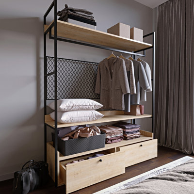 Armoire industrielle moderne avec 2 tiroirs, couleur chêne, 59,0 x 70,9 x 16,5 pouces | 100% panneau de particules enduit de mélamine, 0,7 po d'épaisseur | Pieds électrostatiques en métal thermolaqué, conception murale, grandes tablettes de rangement