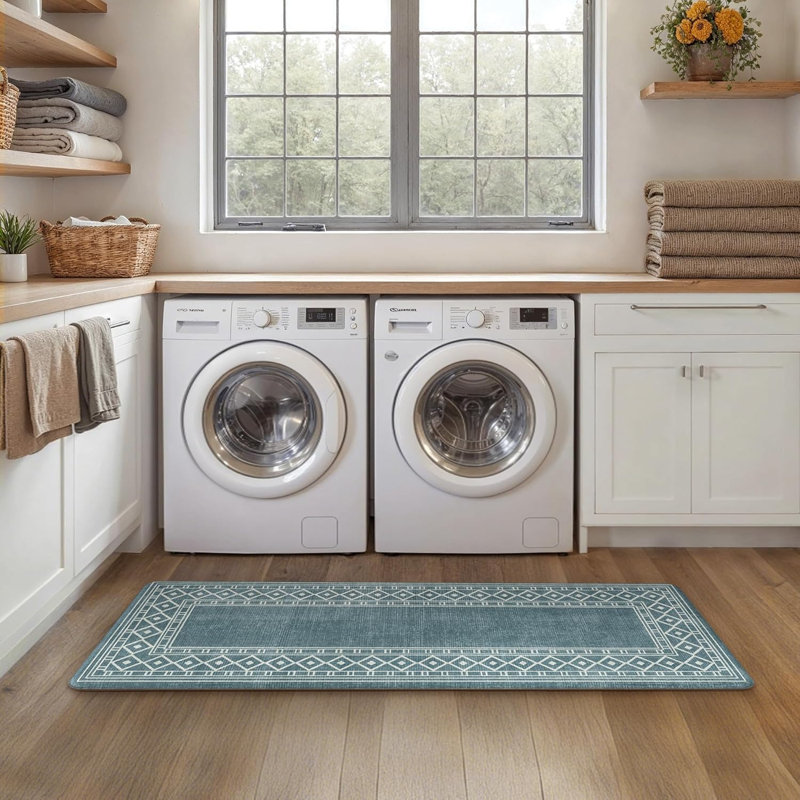 Anti-Fatigue Anti-Slip Waterproof Kitchen Mat, Runner 17" x 59"+17" x 30", Blue/White