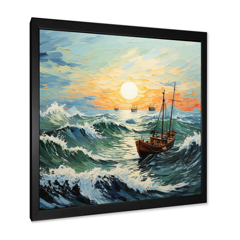 Paysage marin de Vangogh avec pêche I, H 24 po x l 24 po x P 1 po, Cadre simple noir