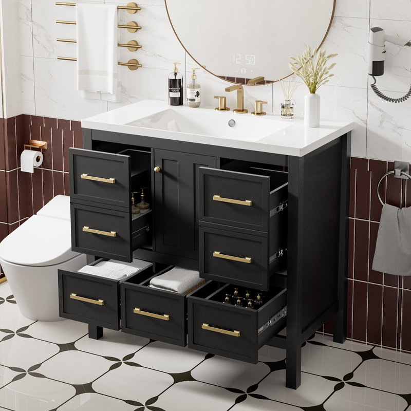  Vanity with Resin Sink, Solid Wood Cabinet with 5 Drawers and Soft Closing Doors, Freestanding Storage Set, Black