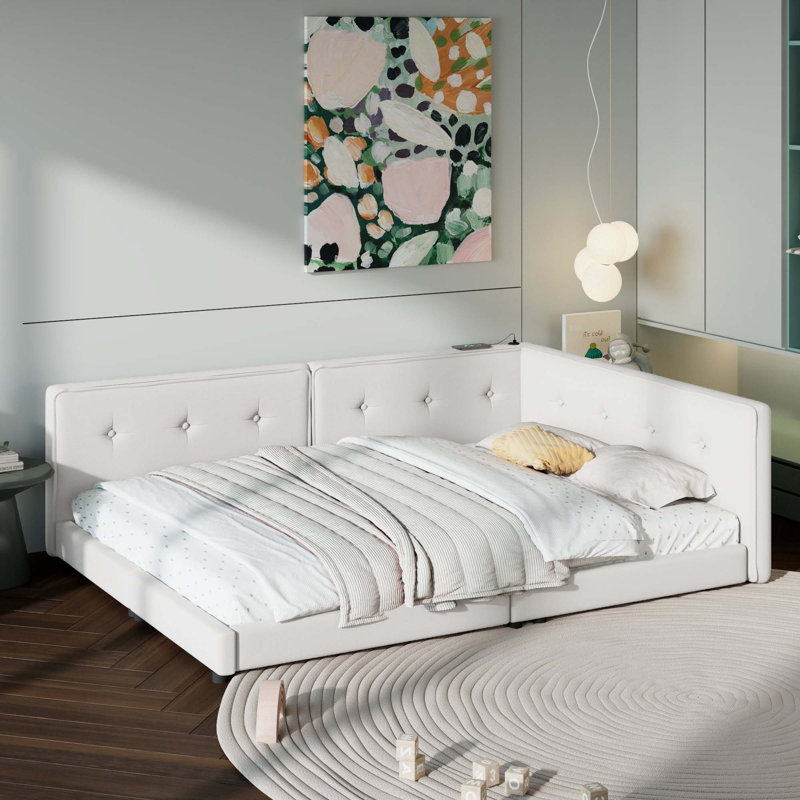 Lit plateforme tapissier avec ports USB, Beige, Lit double