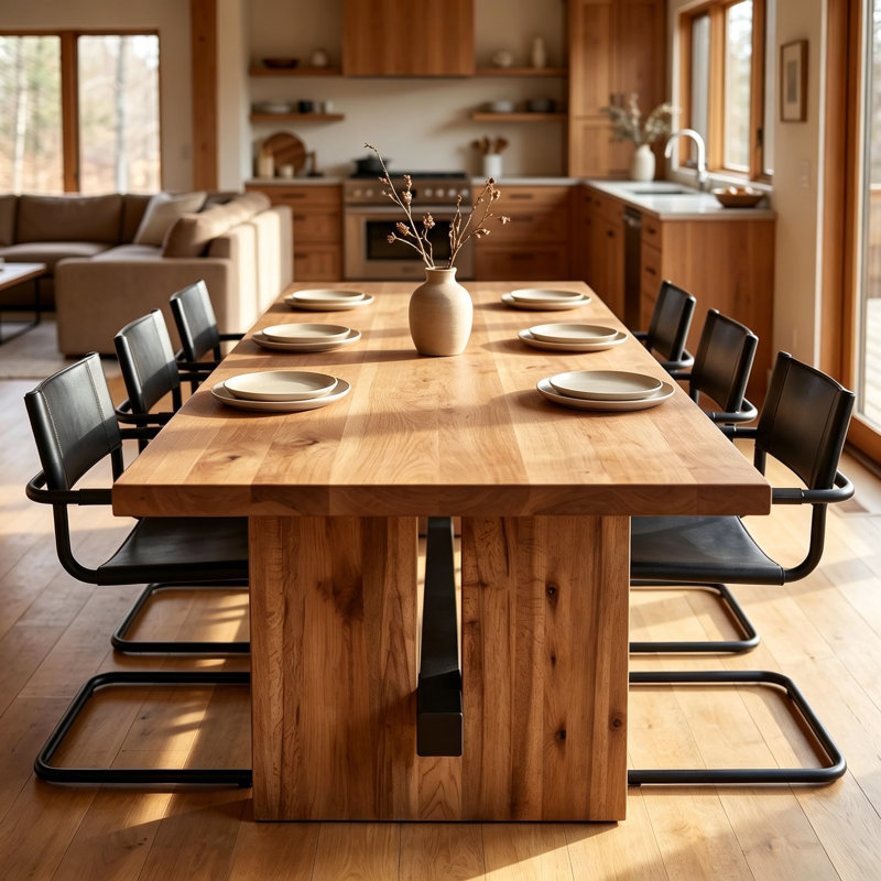 Rustic Rectangular Solid Wood Farmhouse Dining Table with Sturdy Wooden Legs and Metal Cross Support