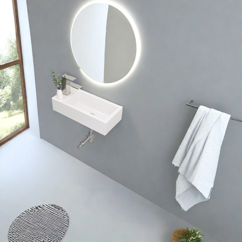 Lavabo mural rectangulaire en céramique blanche de 37 x 18,5 cm, lavabo suspendu compact avec un seul trou de robinetterie, bonde de 4,4 cm, hauteur de 9 cm, idéal pour les petites salles de bain et les toilettes.