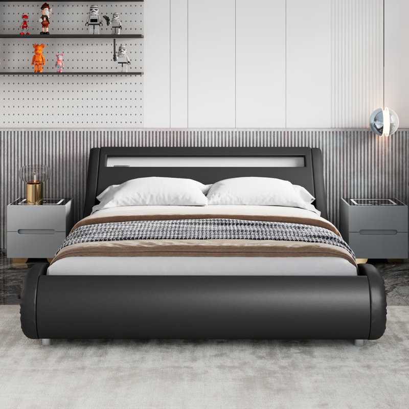 Base de lit flottante avec lumières à DEL avec lattes de métal et espace de rangement sous le lit