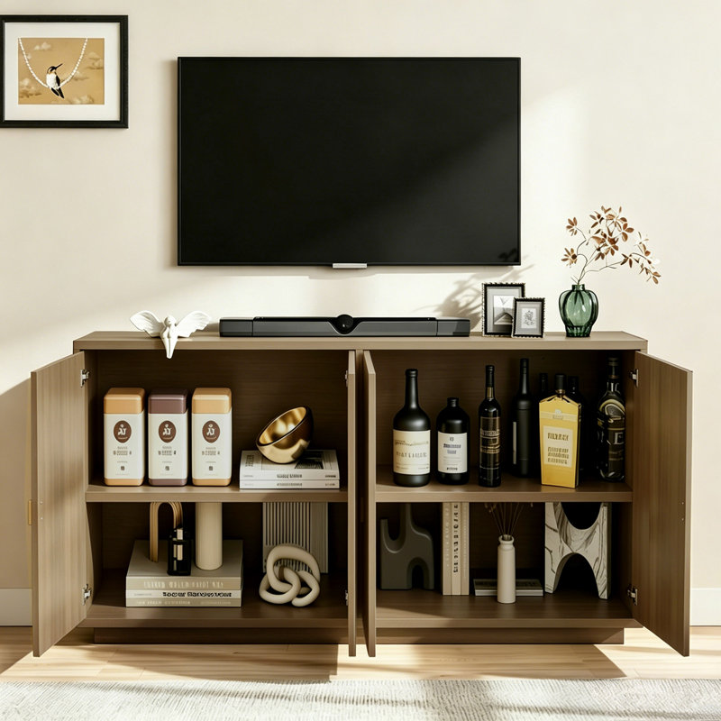 Meuble télé 59 po Mid-Century avec rangement, console média pour téléviseur de 65 po ou moins, Bois naturel