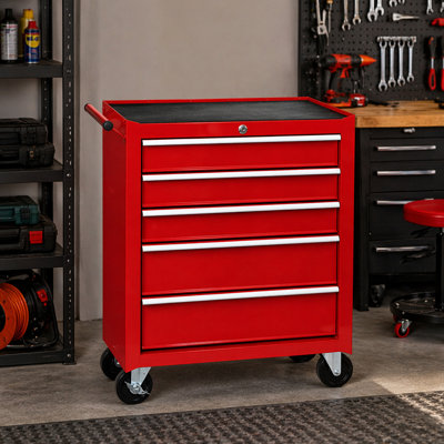 5-Drawer Rolling Tool Chest w/Lock & Key, Tool Storage Cabinet with Wheels, Top Cushion & Drawer Liners, Tool Organizer Box for Garage, Warehouse & Repair Shop-RED