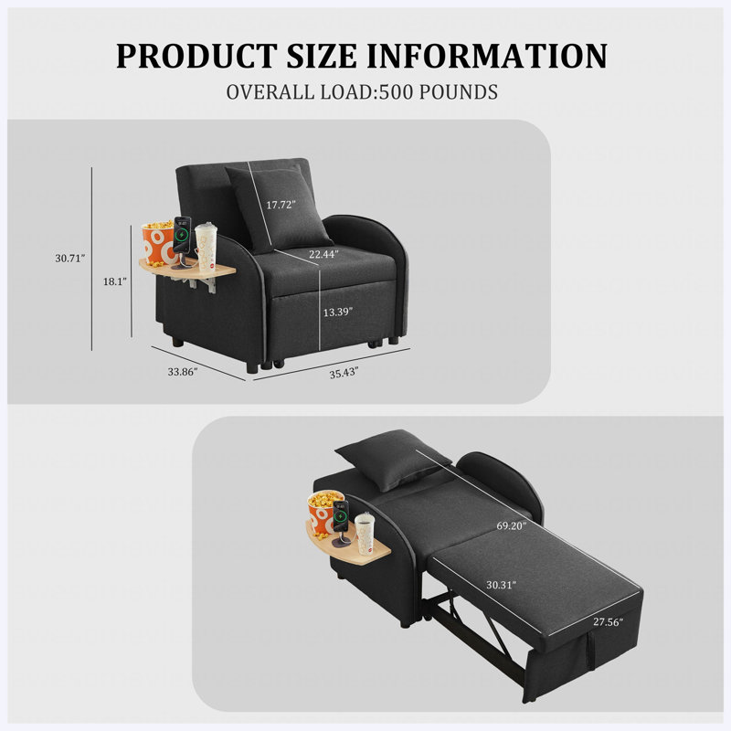 Canapé-lit, canapé-lit convertible 3 en 1 avec dossier réglable, table pliable et USB, type C, fauteuil inclinable réglable, fauteuil pour le salon, chambre à coucher, petit espace, noir