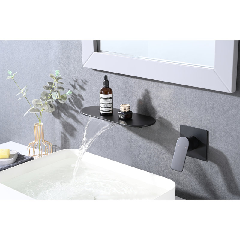 Stainless Steel Bathroom Sink Faucet - Wall Mounted, Matte Black, Single Handle, Waterfall Illuminating Handle Mounted Spout Effect
