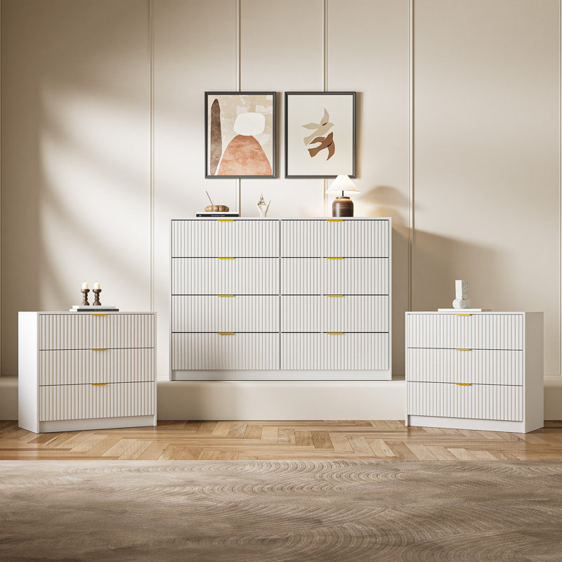 Ensemble de chambre à coucher 3 pièces, commode 8 tiroirs et table de chevet 3 tiroirs cadastrés, White