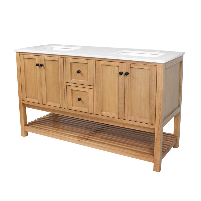 Ensemble de meuble-lavabo double 60 po Binne, Blond, Blanc d'ingénierie