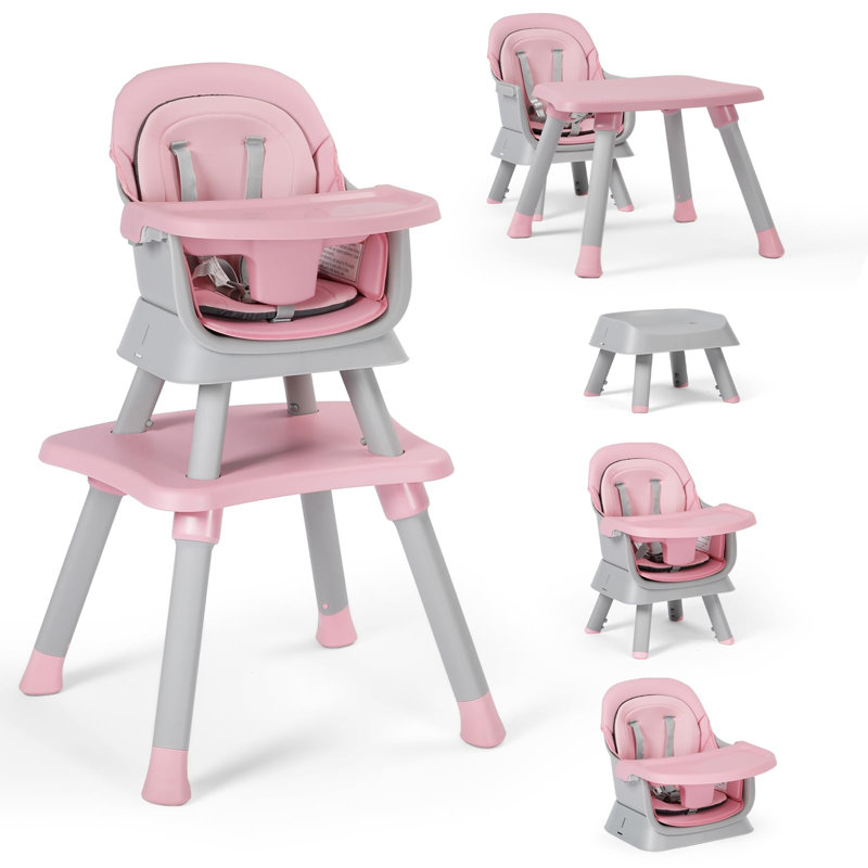 8 in 1 Baby High Chair, Coverts to Dining Booster Seat, Removable Tray & Double Seat Cover, Easy to Wipe, Gray, Rose Pink