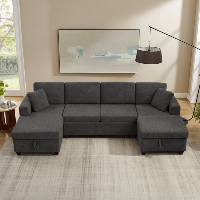  113'' U-Shaped Pull-Out Sofa Bed With Storage Chaise, Gray Polyester