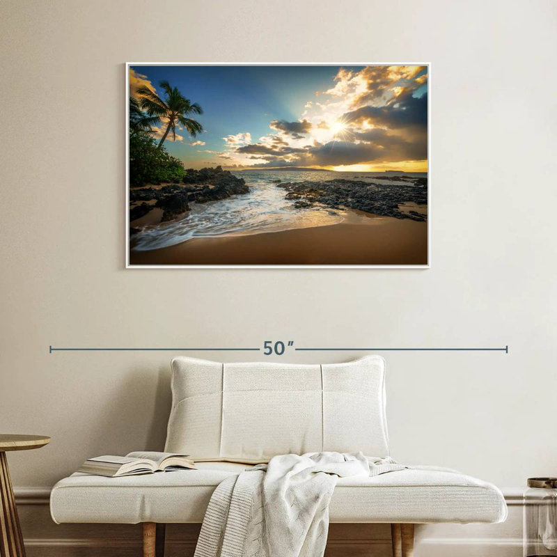 Makena Cove, ciel coucher de soleil, Cadre flottant blanc, 40 po x 27 po