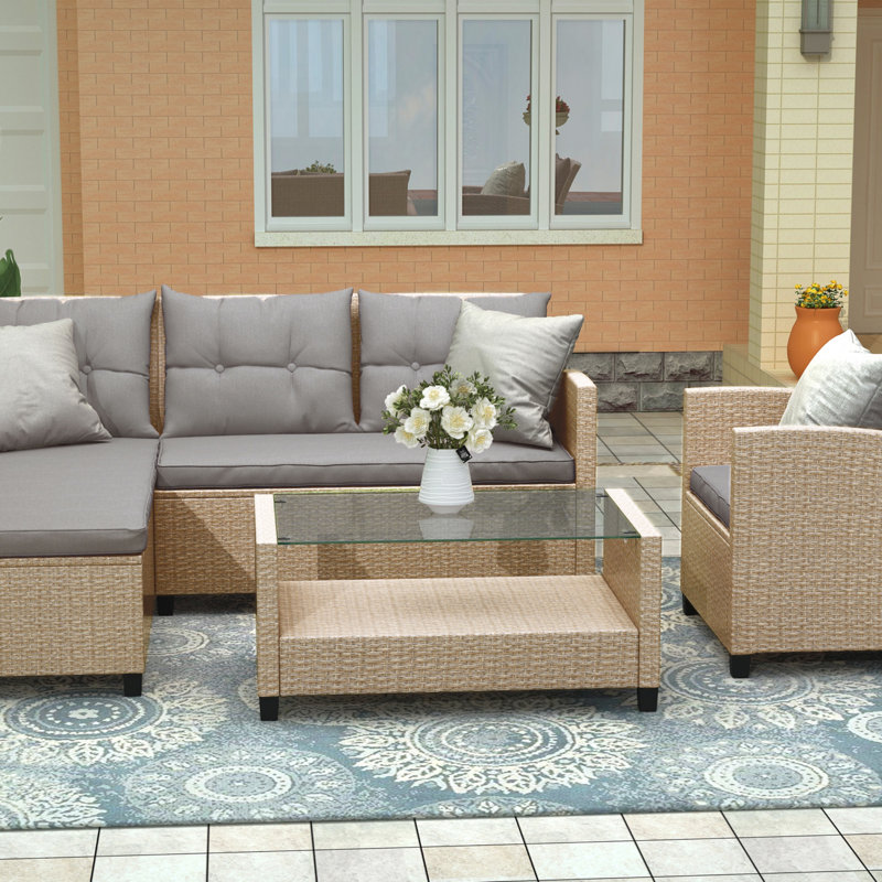 U_STYLE Extérieur, Ensemble de meubles de patio, Ensemble de conversation 4 pièces Canapé modulaire en osier avec coussins de siège